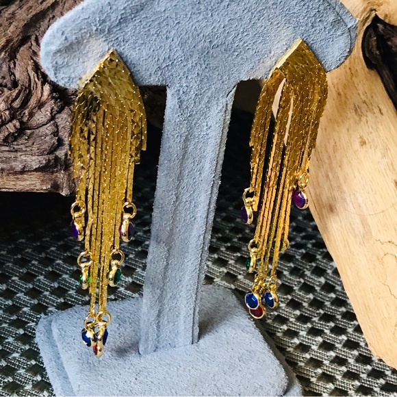 Vintage 80’s Costume Gold Tone Cascading Tassel Fringe 3 Inch Post Earrings - Picture 10 of 12